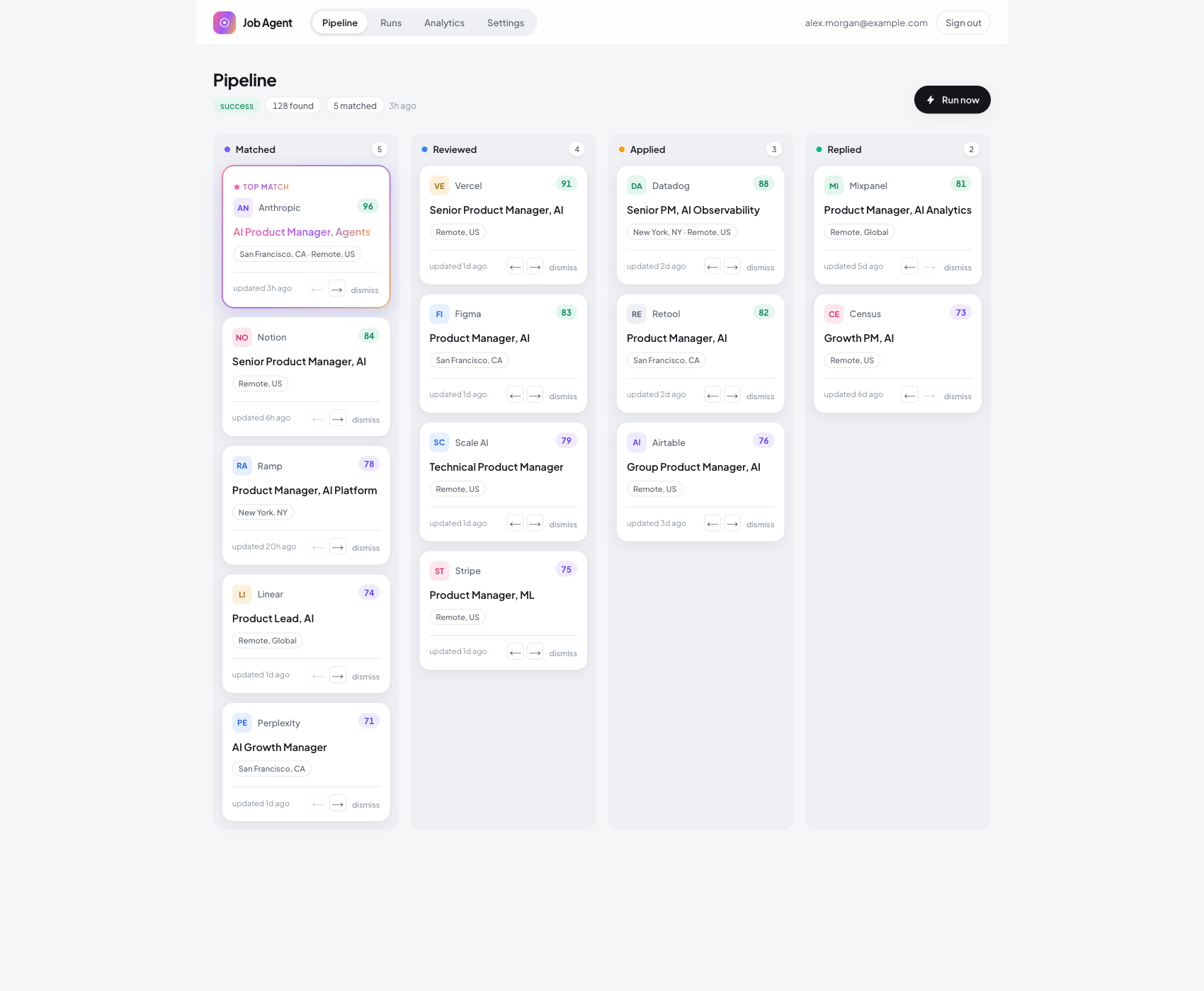 Job Agent pipeline board with the strongest match promoted to a featured card and the fit score shown where a salary would normally sit