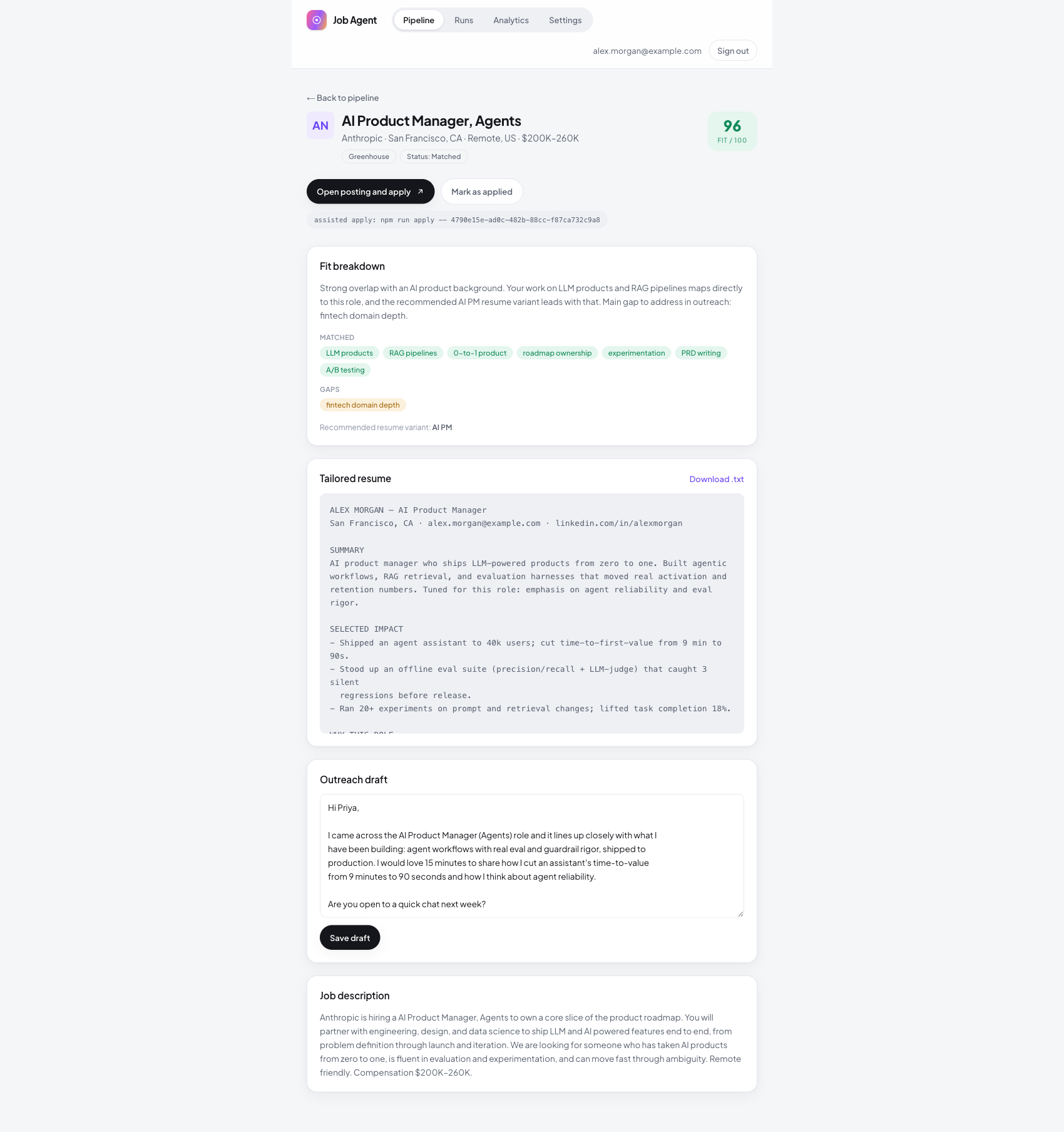 Job detail showing the fit reason, matched skills, gaps, the recommended resume variant and a tailored outreach draft