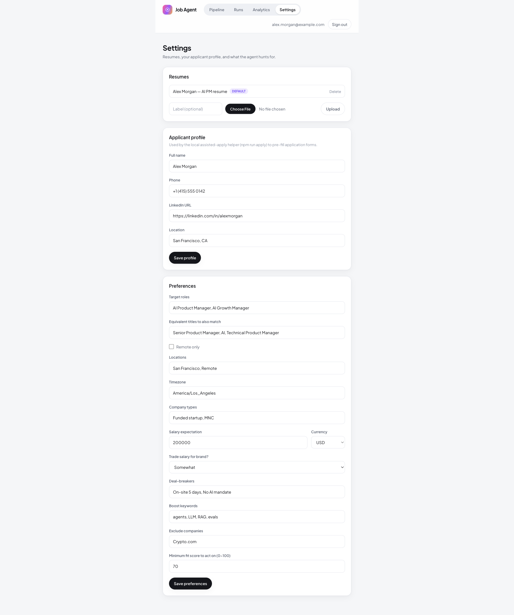 Settings with resume variant management, the applicant profile, and the preferences that drive matching