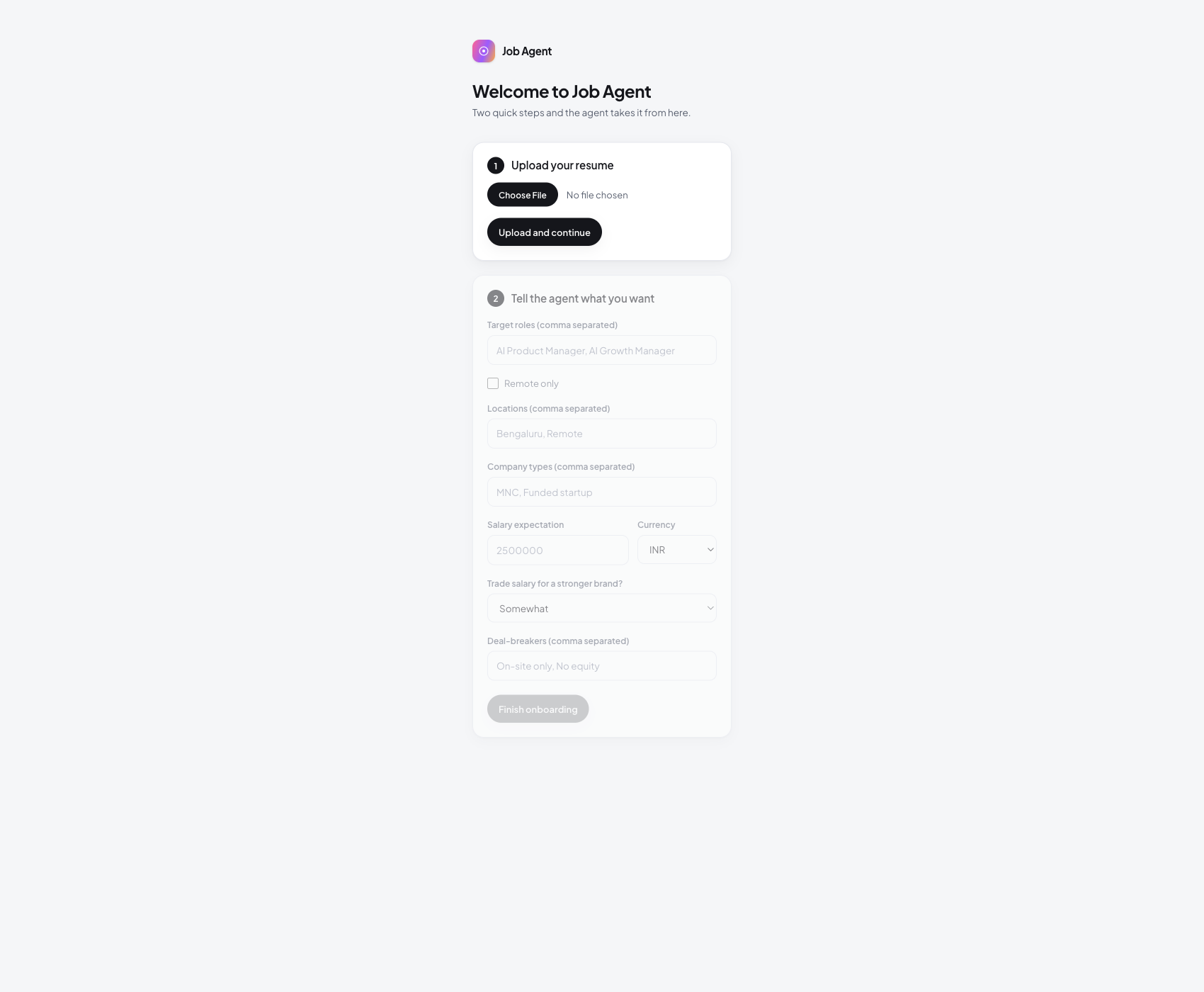 Onboarding: upload a resume and set target roles, locations, salary, company types and deal breakers