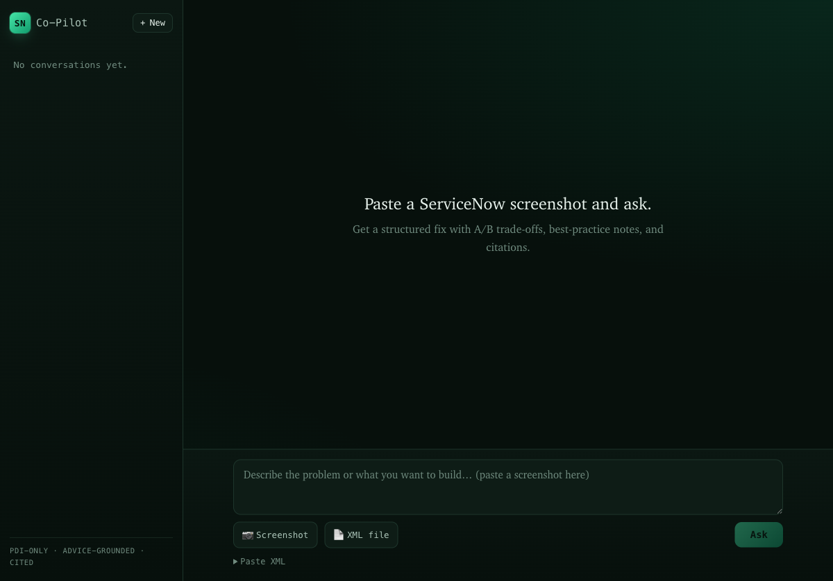 ServiceNow Co-Pilot landing screen with the PDI only, advice grounded, cited tagline