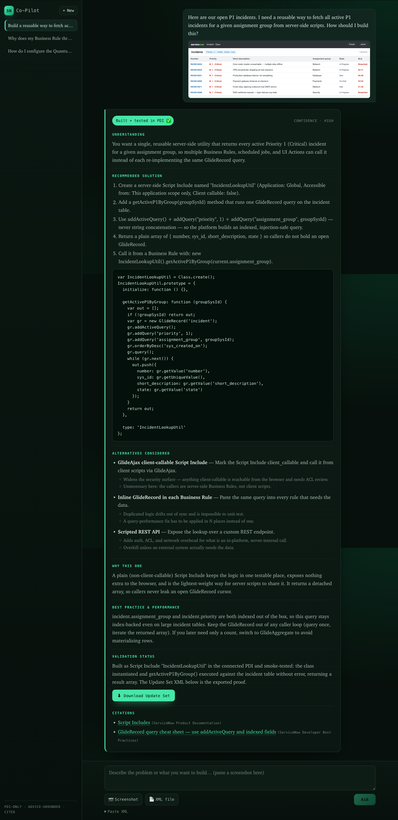A buildable, lab validated ServiceNow Co-Pilot answer with a green Built and tested in PDI badge, the Script Include code, alternatives considered, citations, and a download Update Set button