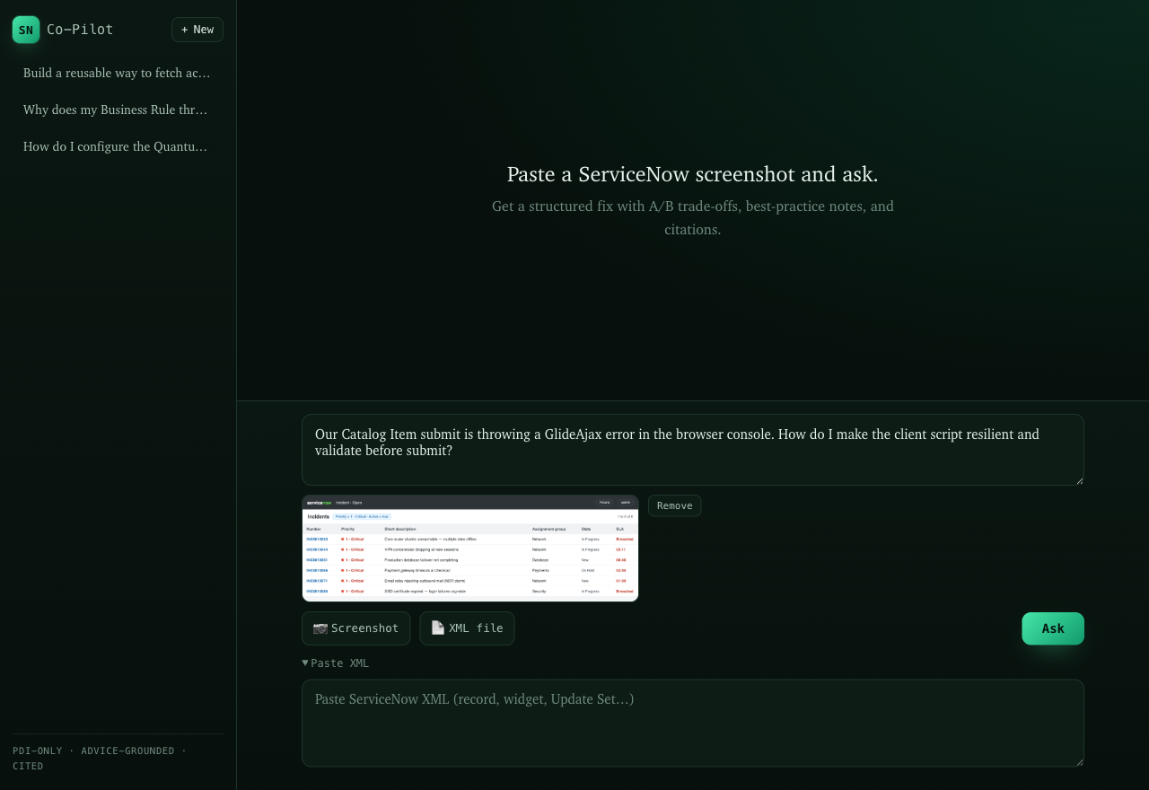 The composer with a typed question, a pasted screenshot preview, and an attached ServiceNow XML export