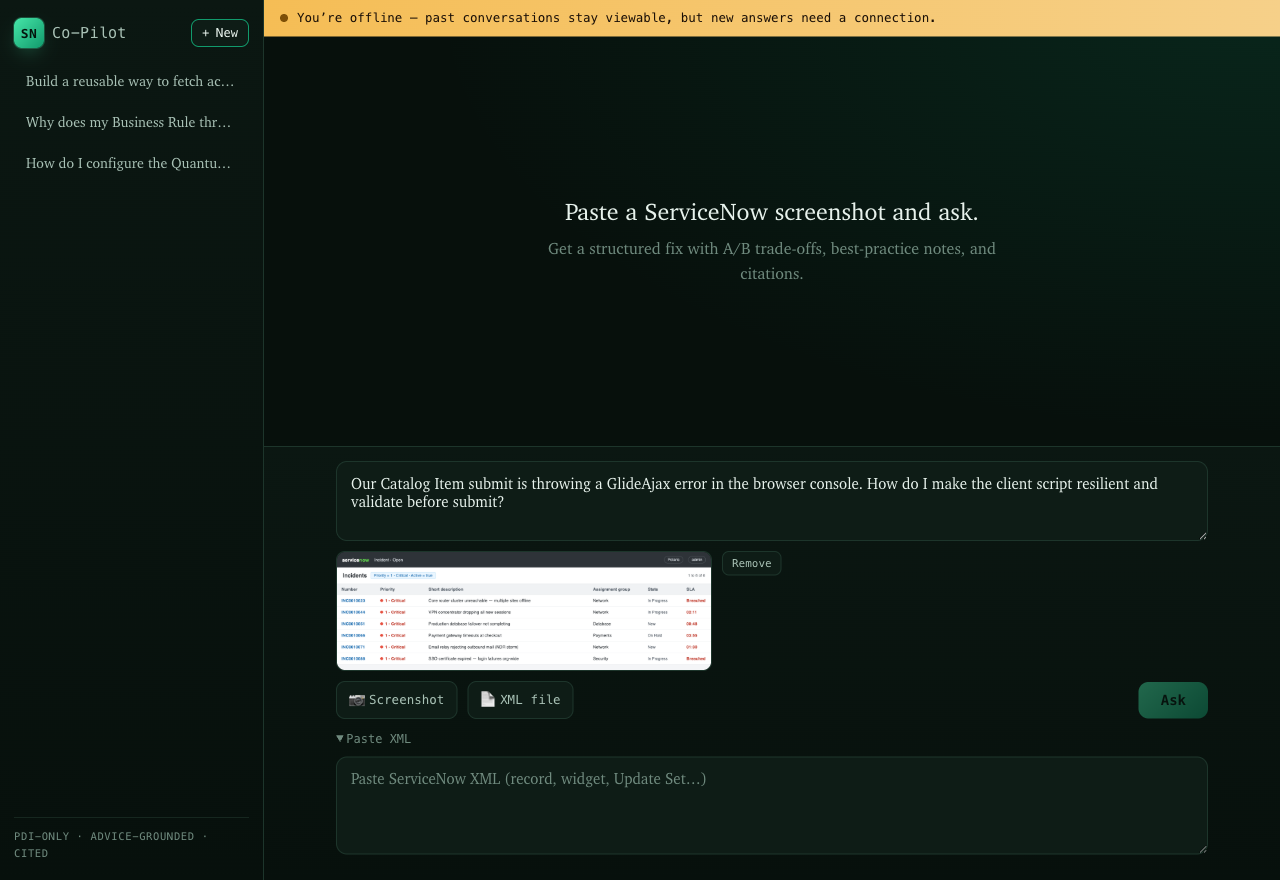 The offline state of the installable PWA with a banner explaining past conversations stay viewable but new answers need a connection