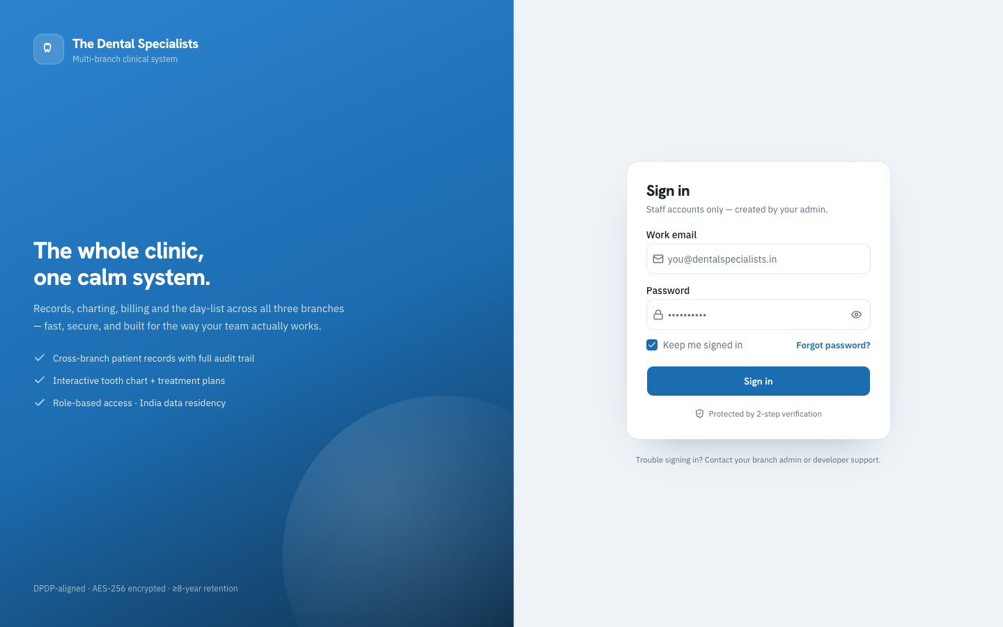 The Dental Specialists login screen, staff only, with a DPDP and encryption compliance promise in the footer