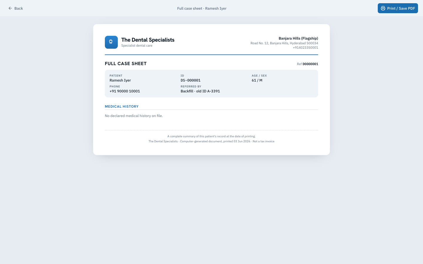 Branded full case sheet with a print or save PDF action