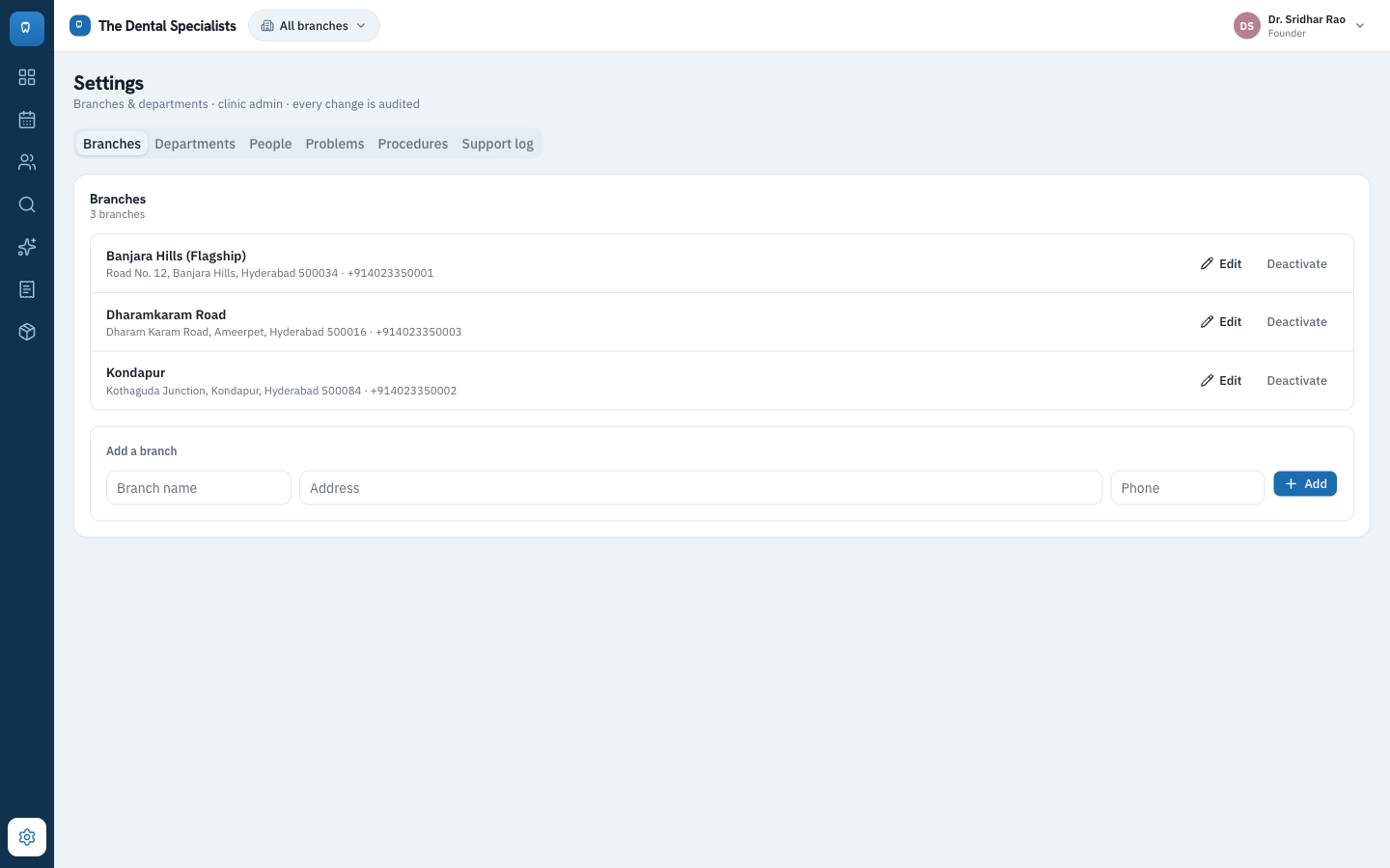 Founder-only settings screen with the branches tab