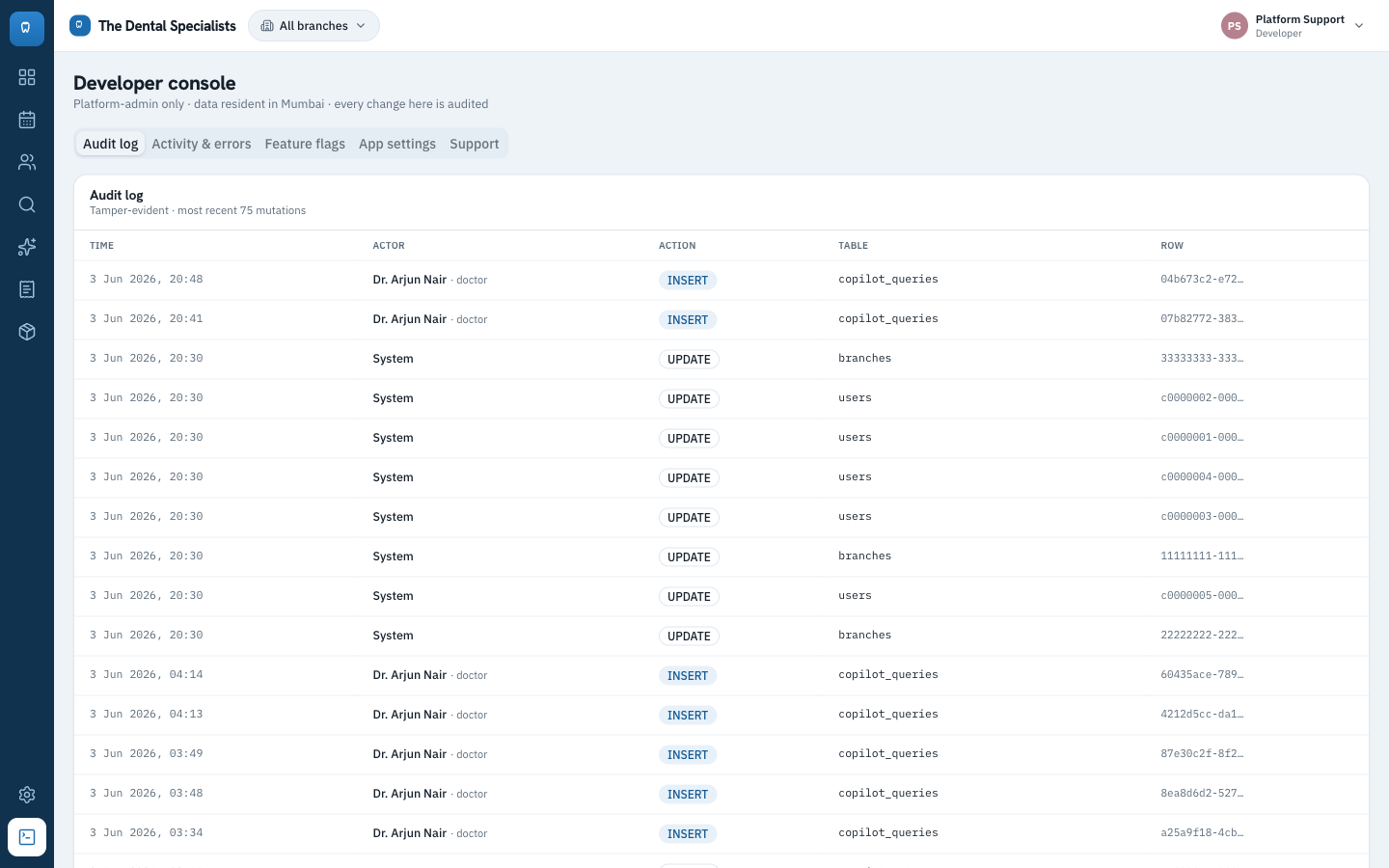 Developer console showing the tamper-evident audit log