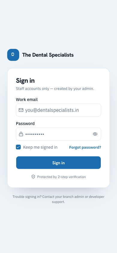 The Dental Specialists login screen on a mobile viewport